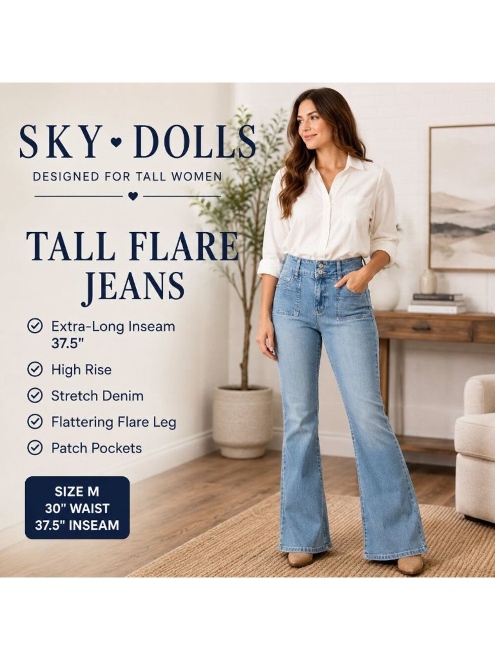 Sky Dolls Womens M Tall Flare Jeans Light Wash Stretch Patch Pockets 30 x 37.5